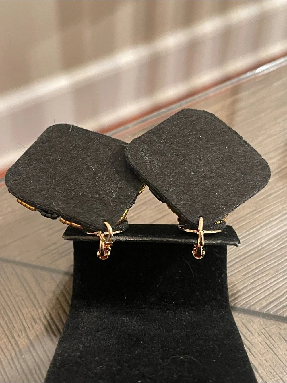 Vintage Style Square Geometric Black & Gold Seed Bead Dangle Clip Earrings